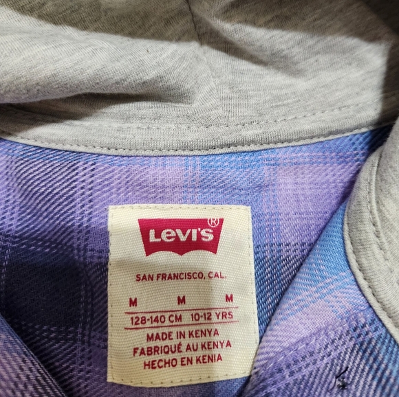 NWT LEVIS 10-12 purple and blue plaid hooded button down blouse. - Picture 4 of 4